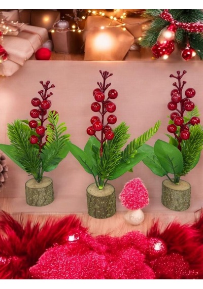 3lü Set Yapay Çiçek Yılbaşı Çiçeği Kokinalı Kütük Saksılı Dekoratif Süs 20cm