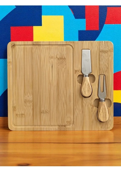 Doğal Bambu Bıçaklı Peynir Servis Sunum Tabağı Kahvaltı Sunum Tahtası Seti 3 Parça 30x25 Cm Kahverengi