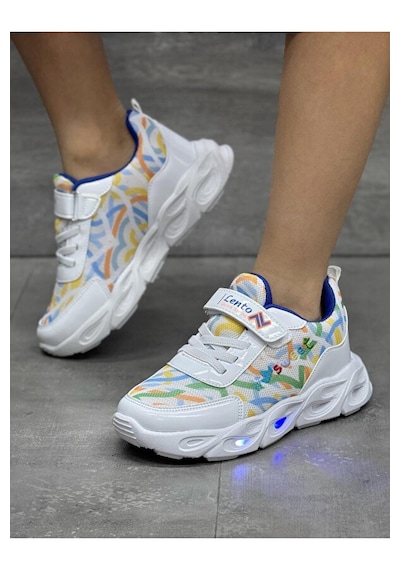 Adımist Çocuk Unisex Rahat Ortopedik Taban Işıklı Snakers Spor Ayakkabı Lento Işıklı Beyaz - Lacivert