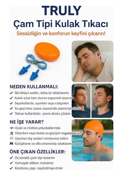 Truly Çam Tipi Kulak Tıkacı Ipli, Su Geçirmez, Yıkanabilir, Silikon, Uyku Ve Yüzme Için 21 Db Gürültü Azaltma