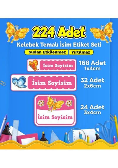 Kelebek Temalı Okul Kreş Kişiye Özel İsim Etiket Seti - Model 38 Çok Renkli