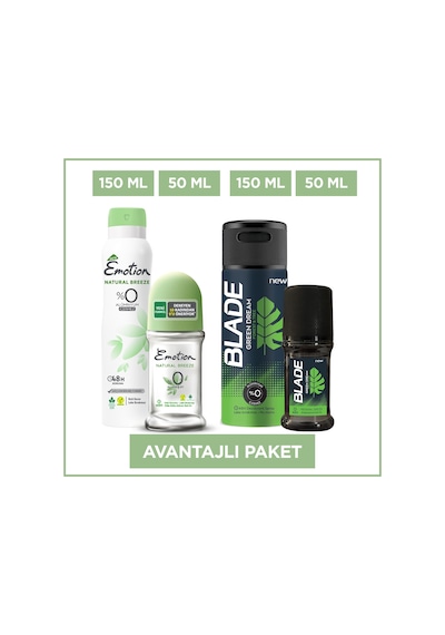 Emotion Natural Breeze Kadın Deodorant 150 ML + Roll-On 50 ML + Blade Green Dream Erkek Deodorant 150 ML + Green Dream Roll-On 50 ML