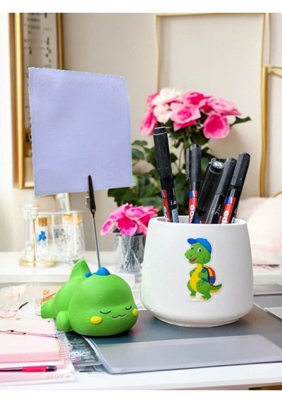 Sevimli Yorgun Yeşil Dinozor Temalı Set Fotoğraf Not Tutacağı Ve Dinozor Baskılı Kalemlik Hediyelik Yeşil