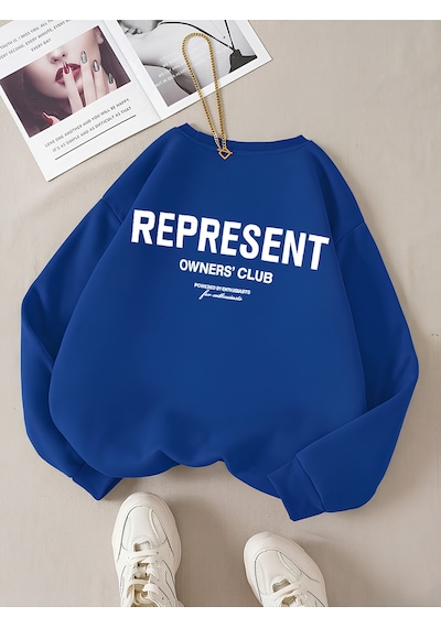 Startmore Mavi Unisex Erkek/kadın Renkli Represent Özel Baskılı Oversize Pamuklu Bisiklet Yaka