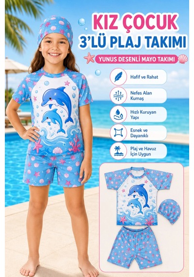 Rony Pony Kids Kız Çocuk Yunus Desenli 3 Lü Plaj Takımı Şortlu Mayo Seti Bone Dahil Mavi Beyaz