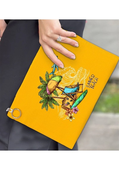 Bk Gift Yaz Temalı-9 Astarlı Sarı Portföy Çanta 30x21cm, Baskılı El Çantası, Organizer Çanta