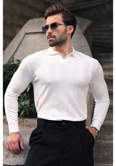 Madmext Beyaz Regular Fit Polo Yaka Triko Erkek Kazak E7509