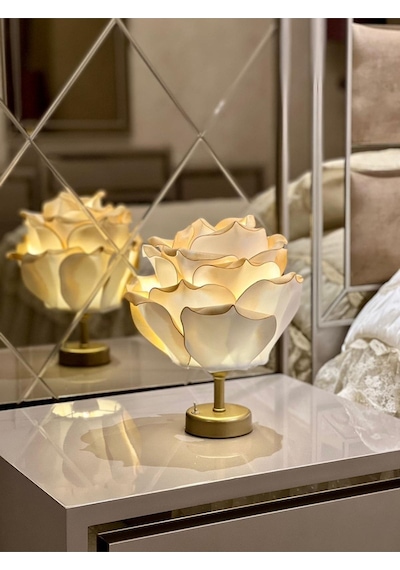 Gold Dekor Yapay Eva Çiçeği Kablosuz Masa Lambası Üst Gold Detay-alt Eskitme Gold 9v Pil 75-90 Saat