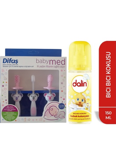 Difaş Bebekler İçin 3'Lü Damak Kaşıma ve Diş Bakım Seti Pembe + Dalin Bebek Kolonyası Bıcı Bıcı Kokulu 150 ml