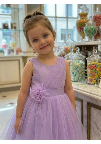 Butikhappykids Kız Çocuk Lila Volanlı Tüllü Çiçek Detaylı Abiye Elbise 1-5 Yaş Lila
