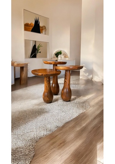 Wood Ahşap 3 Lü Set Fitilli Mantar Yan Sehpa Boğumlu Model / Açık