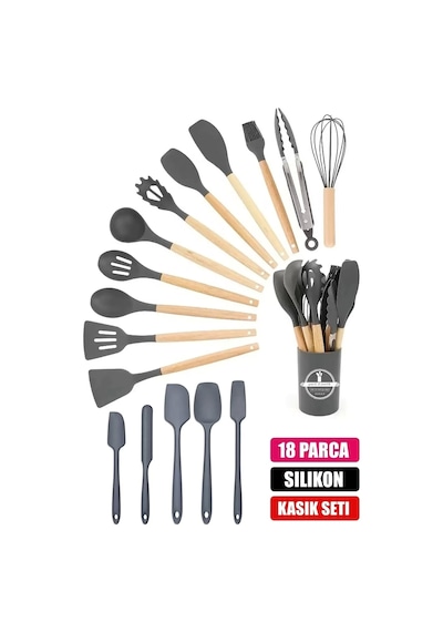 18'parça Silikon Kaşık Fırça Çırpıcı Spatula Maşa Kepçe Kevgir Servis Seti Bambu Saplı Mutfak Takım Gri