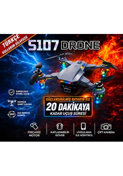 S107 Katlanabilir 4k Hd 2 Kameralı Fpv Canlı Görüntü 2 Bataryalı Ve Taşıma Çantalı Drone