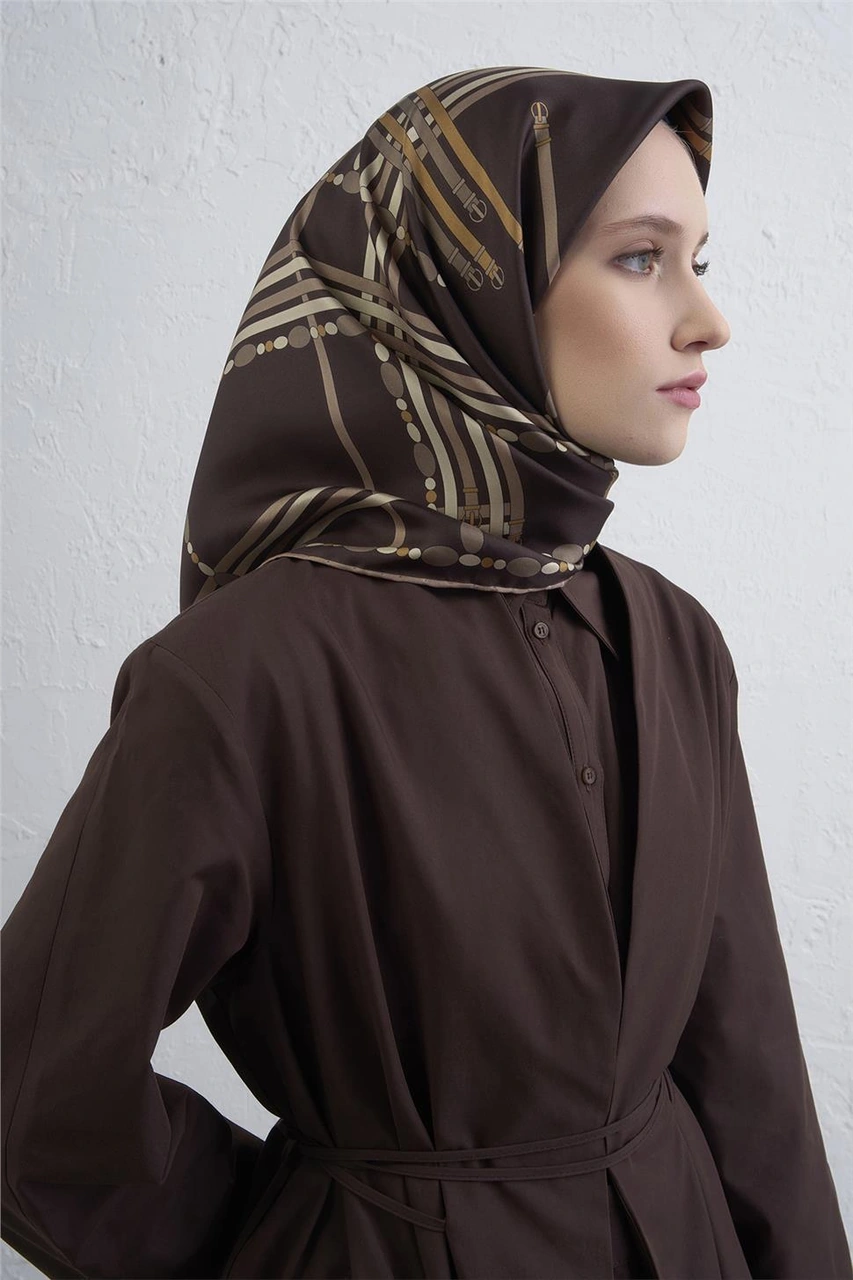 Armine Obje Desenli Saf İpek Twill Eşarp 9407d 31 KAhverengi