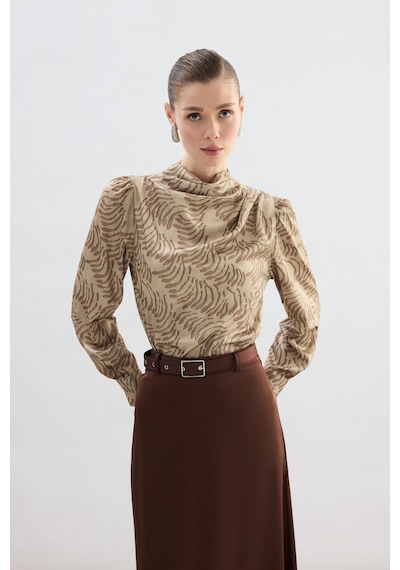 Sateen Drape Detaylı Desenli Bluz - Vizon-136745 VİZON