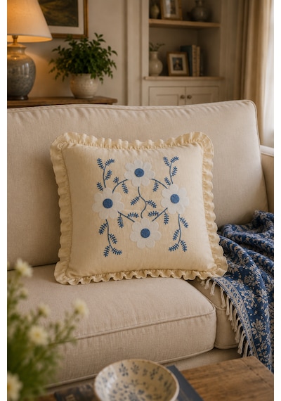 Mavi Beyaz Papatya Desenli Dekoratif Kırlent Kılıfı %100 Pamuk Fırfırlı 45x45 Cm Bej