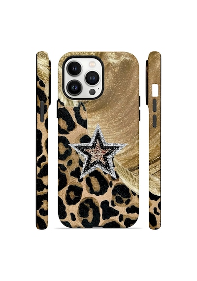 Velvoria Valestra Altın Leopar Yıldız Apple iPhone Uyumlu 14 Pro Darbe Korumalı Kılıf Valestra Select - Altın Leopar Yıldız