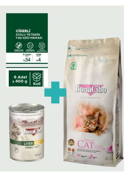 Bonacibo Kısırlaştırılmış Tavuklu Kedi Maması 2 Kg + 6 Adet 400 Gr Ciğerli Yaş Mama