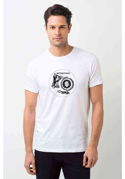 Motosiklet Saati Dxf Çemberi Baskılı Beyaz Erkek Tshirt