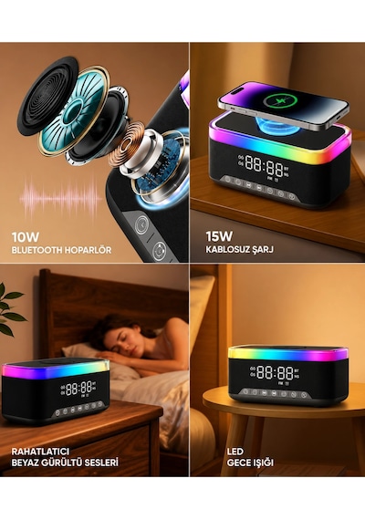 Jedel Sa-148 Dijital Saatli Bluetooth Hoparlör Ve 15w Hızlı Kablosuz Şarj İstasyonu