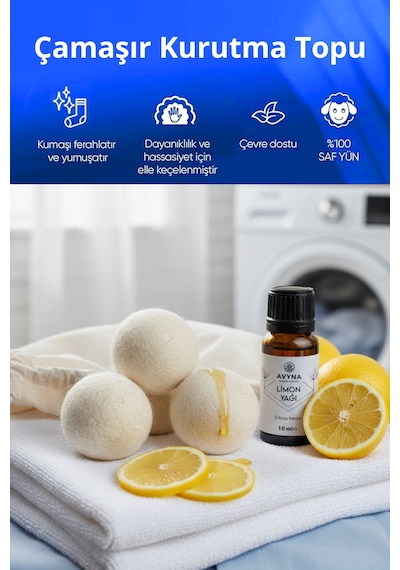Reyo 3'lü Çamaşır Yün Kurutma Topu + %100 Saf Limon Esansı Hediye - Doğal Ve Çevre Dostu Açık Bej