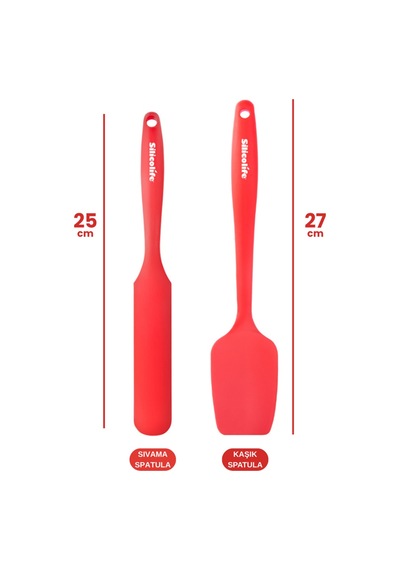 2 Li Pasta Spatula Seti, Silikon Yanmaz Yapışmaz Kaşık Spatula Ve Krema Sos Çikolata Sıvama Bıçağı Kırmızı