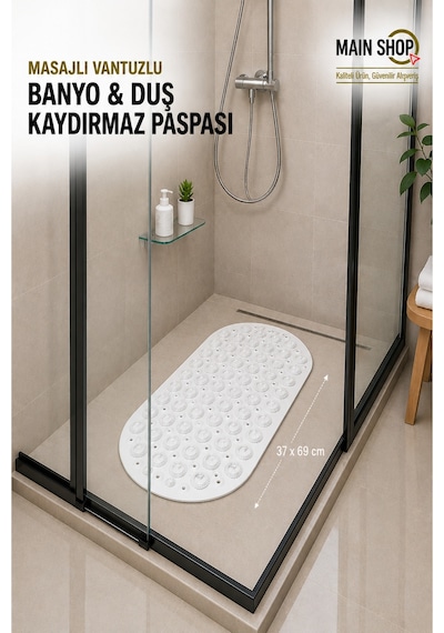 Mainshop Kaydırmaz Duşakabin Banyo Ve Duş Paspası Masajlı Vantuzla Yapışır 37 X 69 Cm M-142 Beyaz