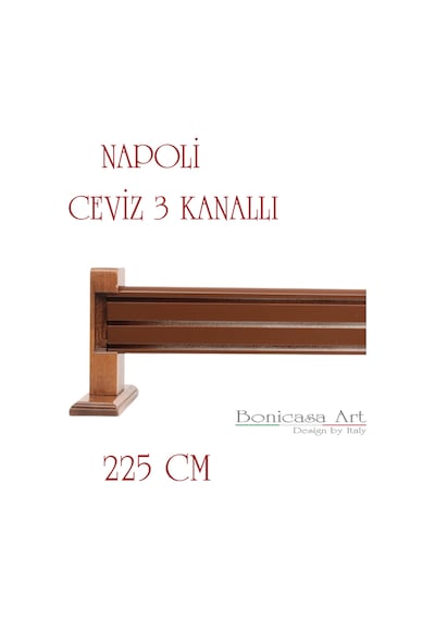 Napoli Ahşap Başlıklı 3 Kanallı Alüminyum Dekoratif Ray Korniş Modern Rustik Ceviz 225 Cm Ceviz