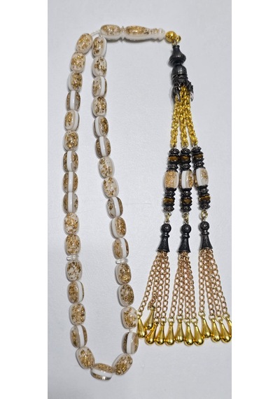 Ağır Püskül Golden Rosary Altın Parçacılı Tesbih Altın - Beyaz