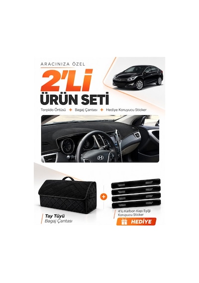 Hyundai İ40 2011-2017 Uyumlu Torpido Örtüsü + Tay Tüyü Bagaj Çantası + Sticker Seti - Siyah
