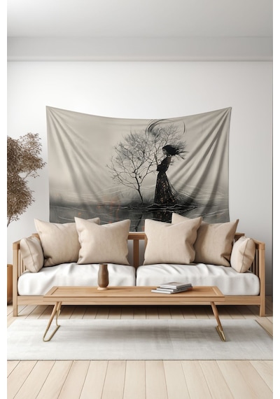 Rüzgar Ve Kadın Desenli Duvar Halısı Duvar Örtüsü Tapestry Süet Dokulu Kumaş
