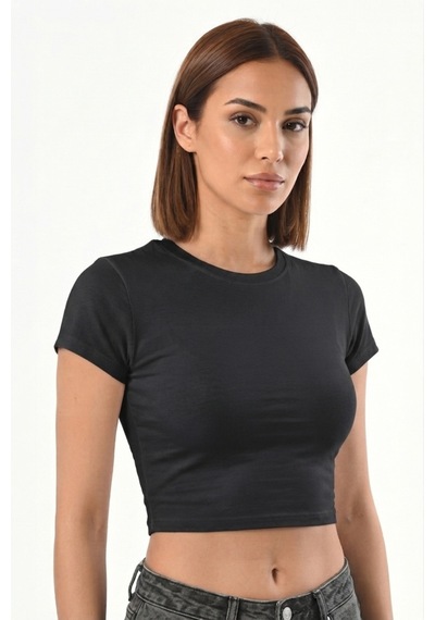 Mistirik Pomonte Model Body Pamuklu Esnek Kumaşlı Kısa Kollu Basic Comfort Crop Siyah Renk