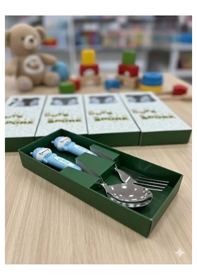 Ultra Lüks Paslanmaz Çoçuk Mama Kaşık Ve Çatal Seti Mavi