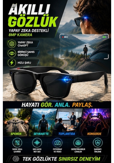 8mp Kameralı Chatgpt Destekli Akıllı Gözlük Yapay Zeka Çeviri Ve Ses Kayıt Özellikli