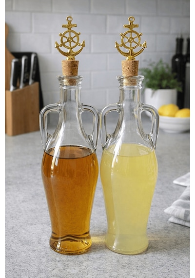 2'li Amfora Model Dümen Mantar Tıpalı Cam Yağ Şişesi - 750ml. Şeffaf Sirke Limon Suyu Şişesi - Gemici Dümeni Şeffaf