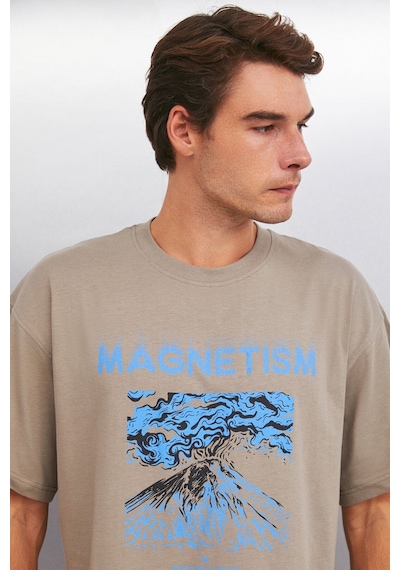 Grimelange Maddox Erkek %100 Organik Pamuklu Baskı Detaylı Kalın Dokulu Oversize Fit Vizon T-shirt