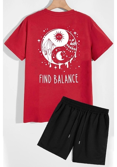 Uyguntarz Ying Yang Şort T-shirt Eşofman Takımı Kırmızı