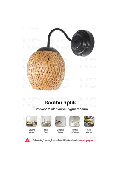 Boja Bambu Siyah Detay Aplik 15x15x25 Cm İskandinav, Modern, Bohem, Rattan, Aydınlatma Altın