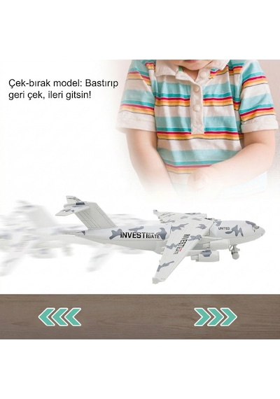 Metal Alaşım Işıklı Sesli Çek Bırak Askeri Kargo Uçağı - 22 Cm Büyük Boy Model Uçak
