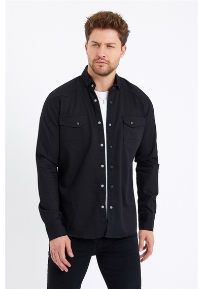 Cool Tarz Erkek Siyah Çift Cepli Çıt Çıt Düğmeli Slim Fit Kot Gömlek-tcktgmlkr01s Siyah Siyah