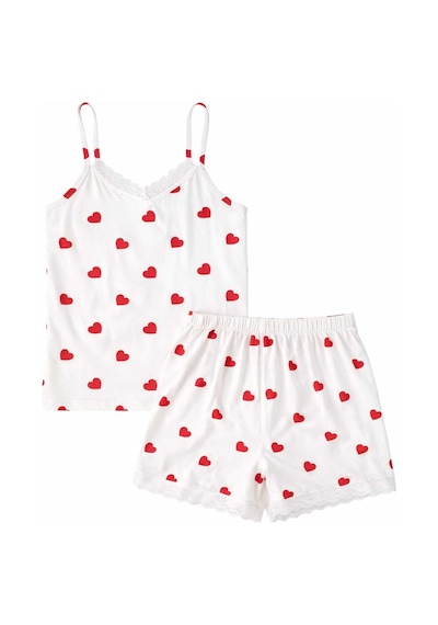 Tenra Kadın Beyaz Kalp Desenli İp Askılı Şortlu Pijama Takımı Dantel Detaylı
