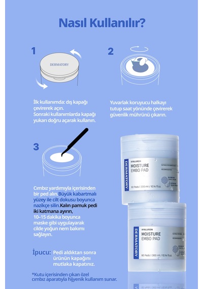 Hyalüronik Asitli, Nemlendiren Makyaj Öncesi Cilt Bakım Pedi Dermatory Hyaluron Moisture Embo Pad
