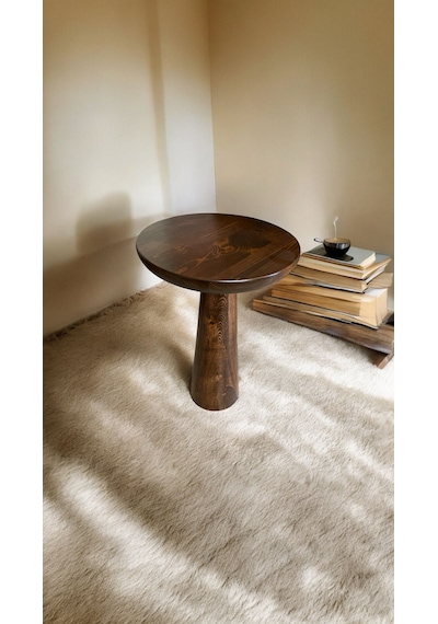Wood Wooden Ahşap Tekli Konik Mantar Yan Sehpa Modern Ceviz Renk