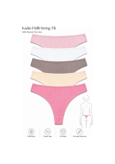 Nicoletta Kadın Külot Tanga 5 Li Paket Likralı Fitilli Kaşkorse Pamuklu Mavi Pembe