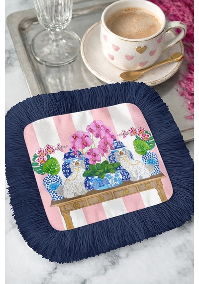 Chinoiserie Stil Saçaklı Sunum Dekorasyon Mendili-pastoral Glam Eklektik Lacivert Kahve Yanı Peçete Çok Renkli