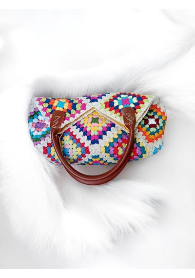 Embahandmde El Yapımı Renkli Granny Square Omuz Çantası Keten Astarlı Bohem Yazlık Kadın Çanta Krem - Bej