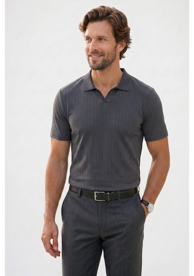 Tudors Erkek Slim Fit Dar Kesim Pamuklu Kısa Kollu Çizgili Antrasit Polo V Yaka Tişört-51129