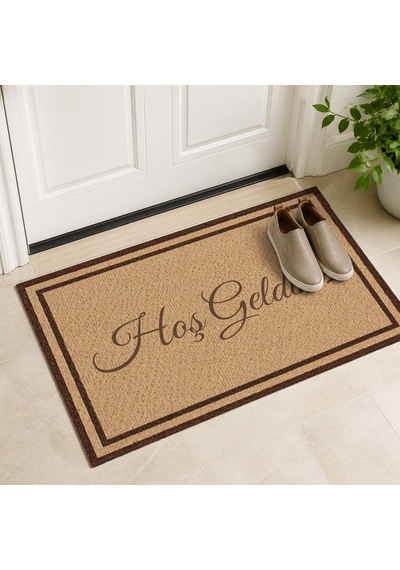 Kartela Halı Hoş Geldiniz Yazılı Çift Çerçeveli Kapı Paspası Bej Kaymaz Kauçuk Taban 60x90 Cm