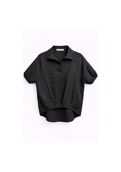 Mixray 4901 Kadın Polo Yaka Yarım Patlı Kraş Dokulu Crop Gömlek Siyah