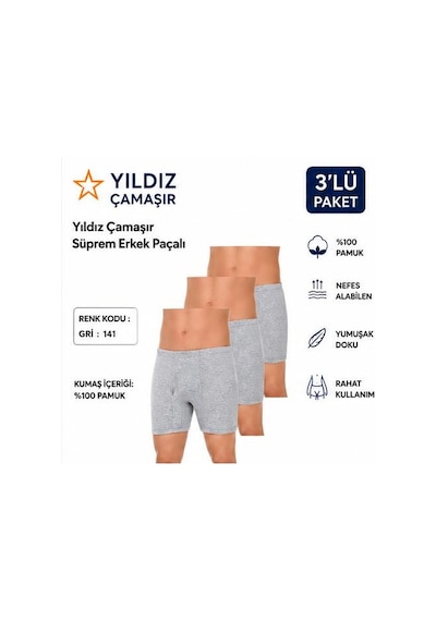 Yıldız Çamaşır Erkek Süprem Erkek Paçalı Boxer 05-140-141 - 3 Adet Gri